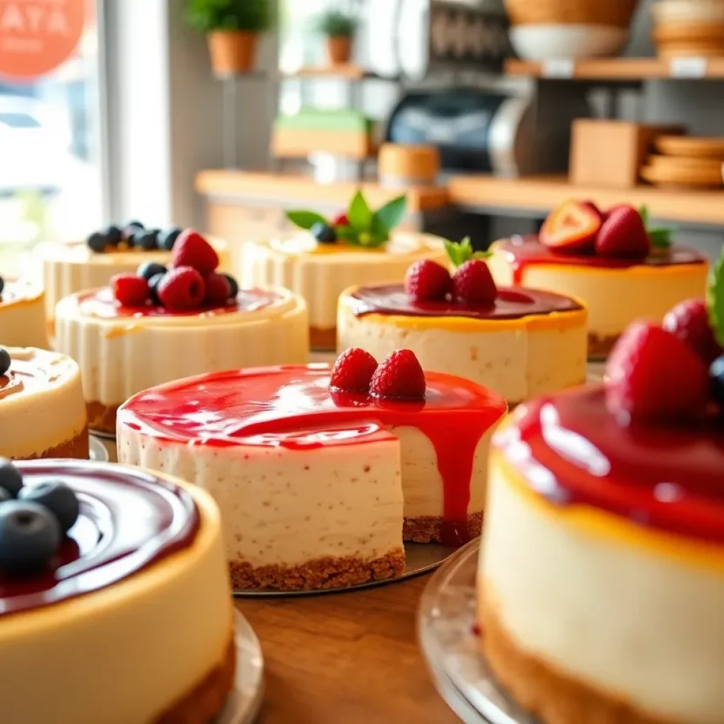 Assorted artisan cheesecakes displayed in a bakery.