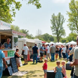 Families enjoying community events with food trucks and music.