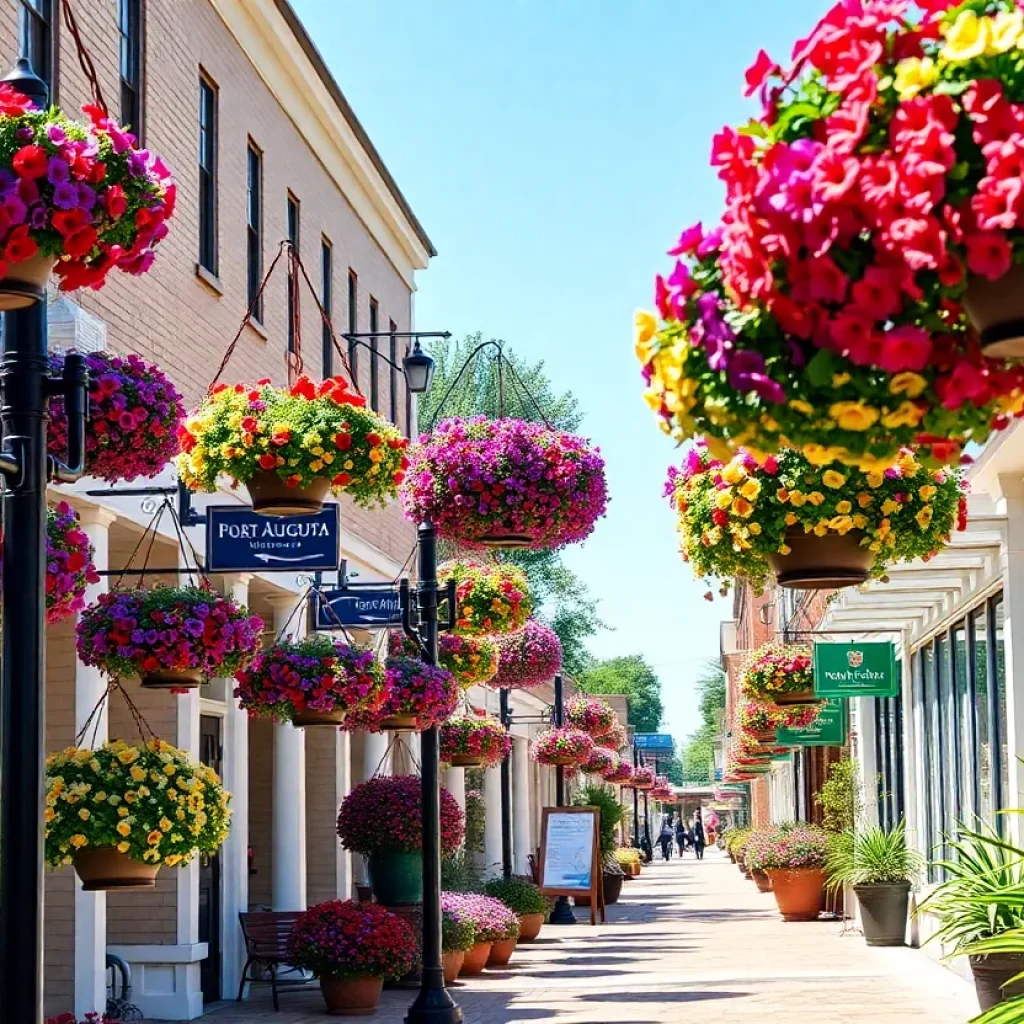 Colorful hanging flower baskets adorning downtown North Augusta