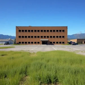 View of an empty plywood facility in Emporia, Virginia, symbolizing job losses.