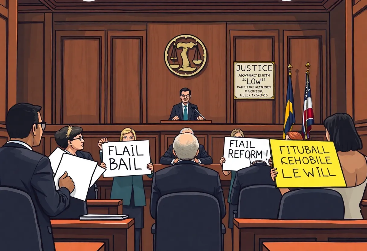 Advocacy group discussing cash bail reform in a courtroom