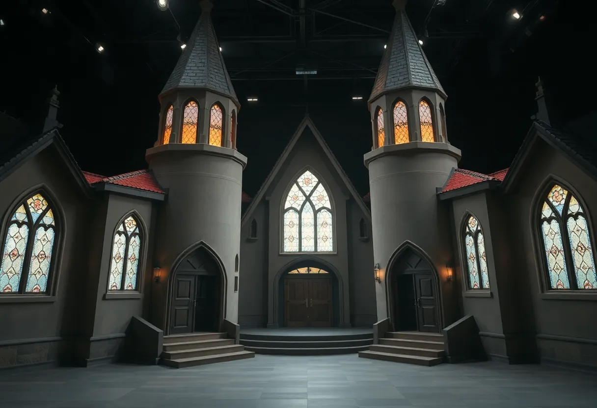 Film set for Asherah: A Love Odyssey showcasing traditional church architecture.