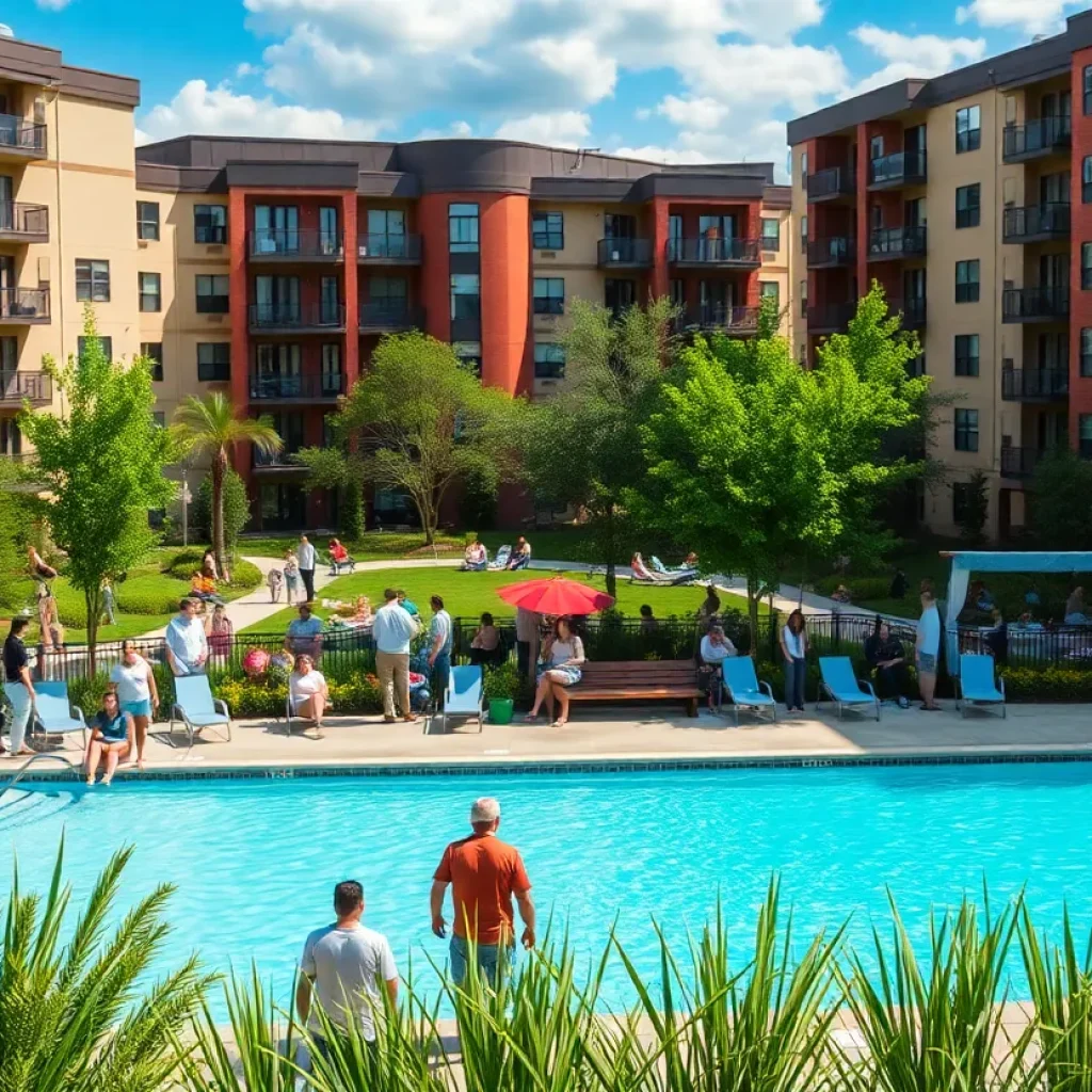 Urban apartment complex in Augusta with residents enjoying the amenities.
