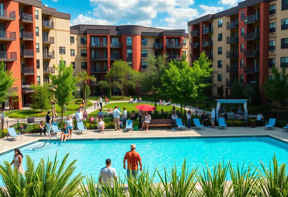 Urban apartment complex in Augusta with residents enjoying the amenities.