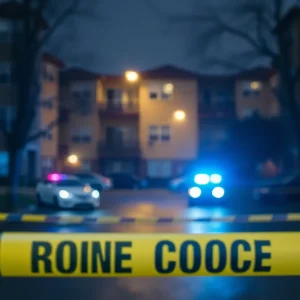 Police caution tape and emergency lights at MacArthur Park Apartments