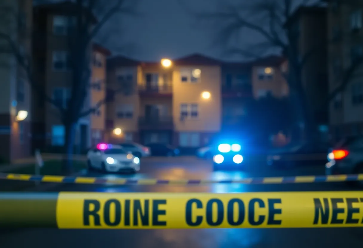 Police caution tape and emergency lights at MacArthur Park Apartments