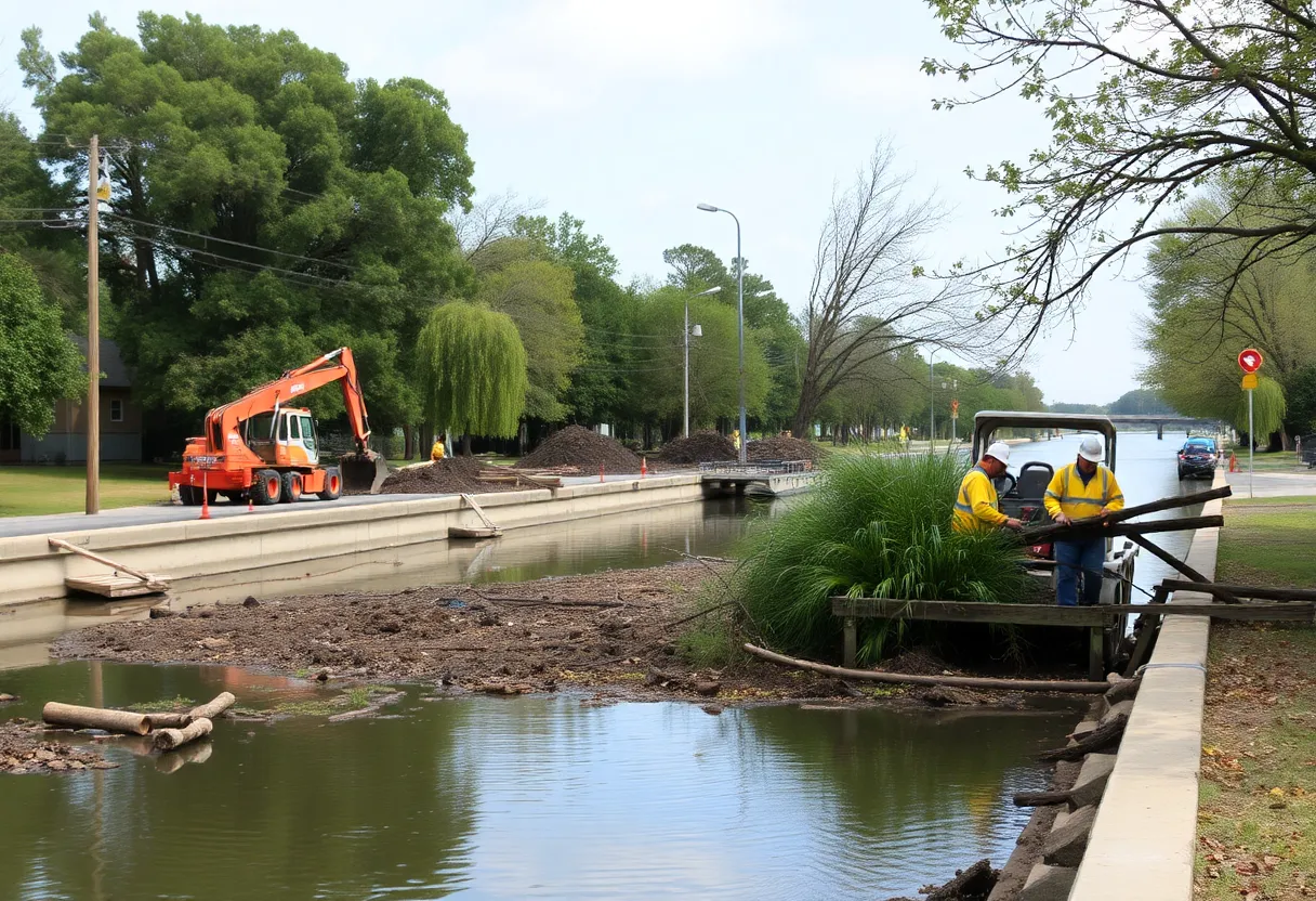 Cleanup workers at Augusta Canal removing storm debris