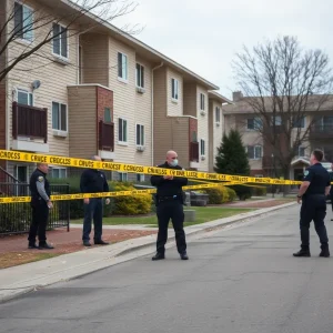 Police officers investigating a shooting scene at an apartment complex.