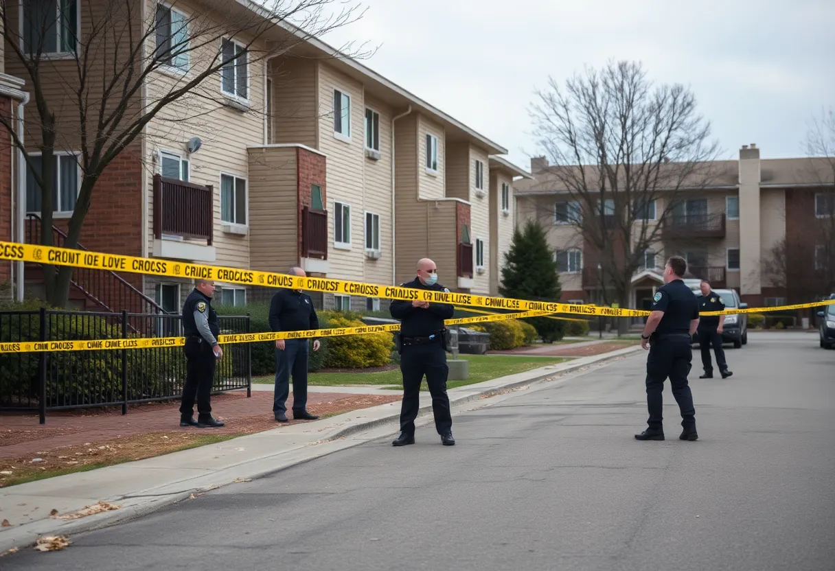 Police officers investigating a shooting scene at an apartment complex.