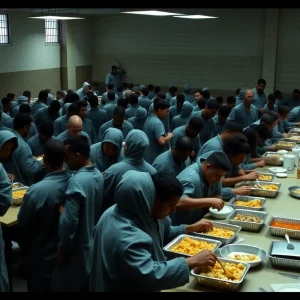 Inmates being served meals at a detention center