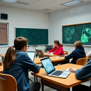 Students engaged in online learning during stormy weather