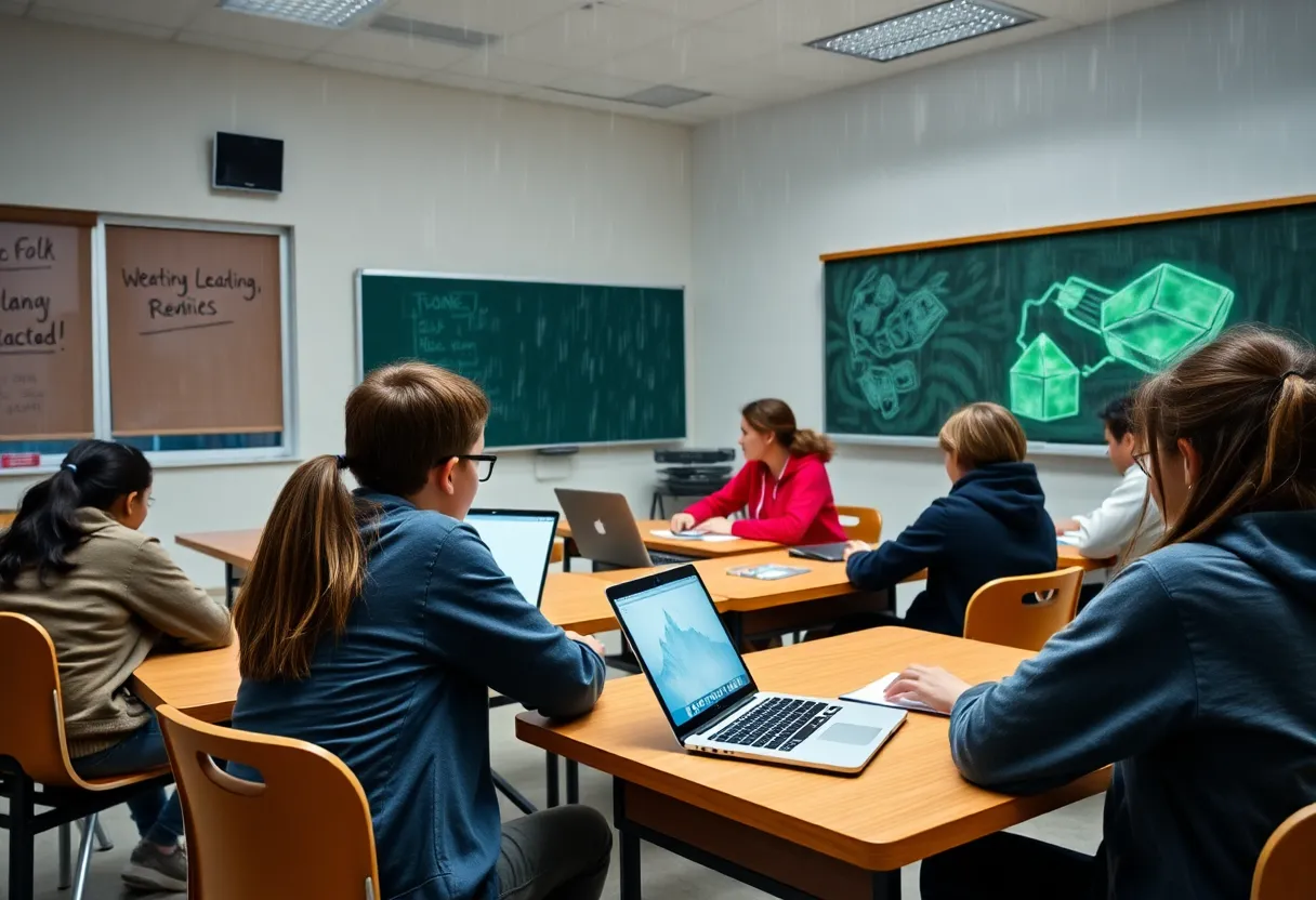 Students engaged in online learning during stormy weather