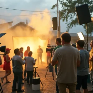 Film set in Augusta with actors and crew members