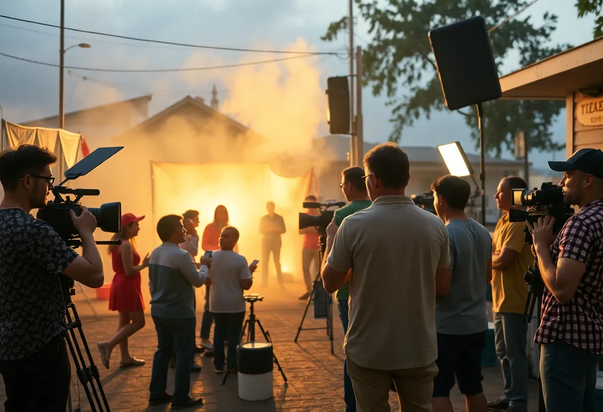 Film set in Augusta with actors and crew members