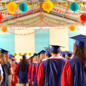Graduating students celebrating at a ceremony in Augusta.