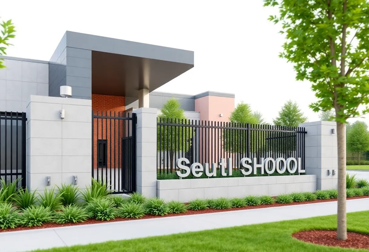 Architectural rendering of Augusta Preparatory Day School's new security gate and wall entrance