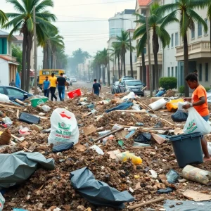 Community members managing waste and recyclables in Augusta post-hurricane.