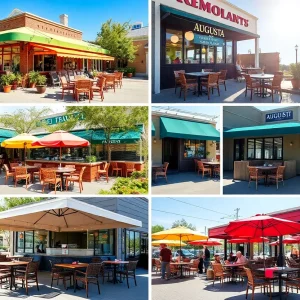 Collage of restaurants in Augusta with outdoor dining scenes