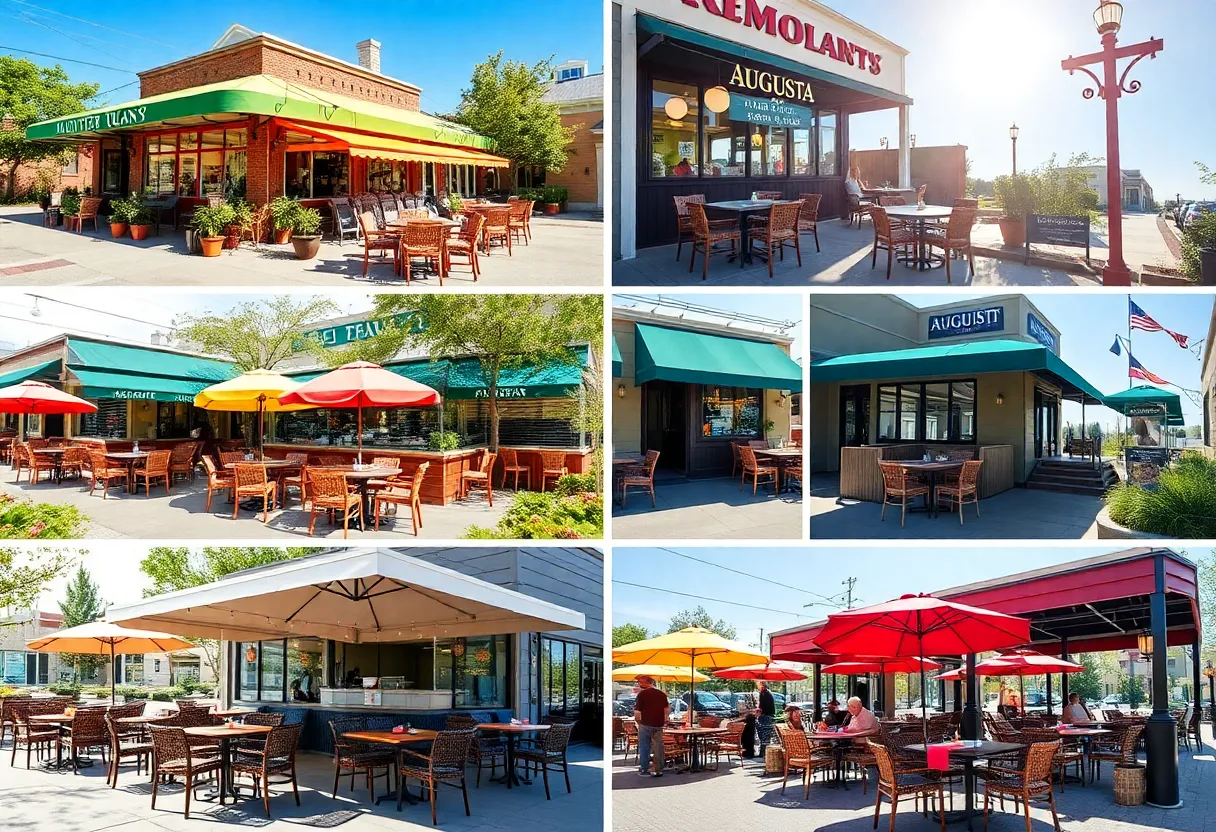 Collage of restaurants in Augusta with outdoor dining scenes