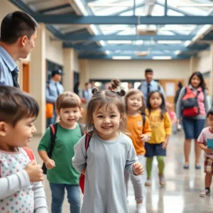 Students and parents in a safe school environment with security presence