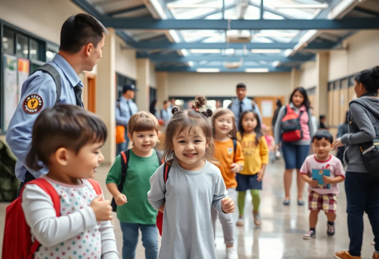 Students and parents in a safe school environment with security presence
