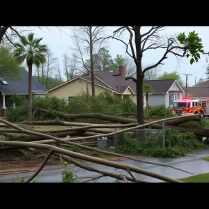 Scene of storm damage in Augusta with fallen trees.