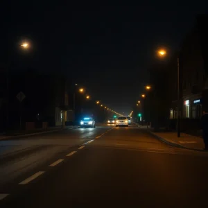 Police lights in a dimly lit Augusta street