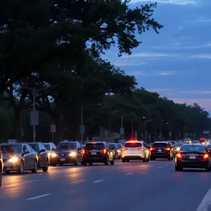 Busy road in Augusta, Georgia with traffic and pedestrians