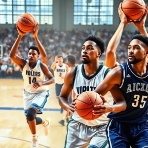 Diverse basketball players in action on the court during a game.
