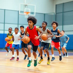 Augusta University basketball players practicing on court
