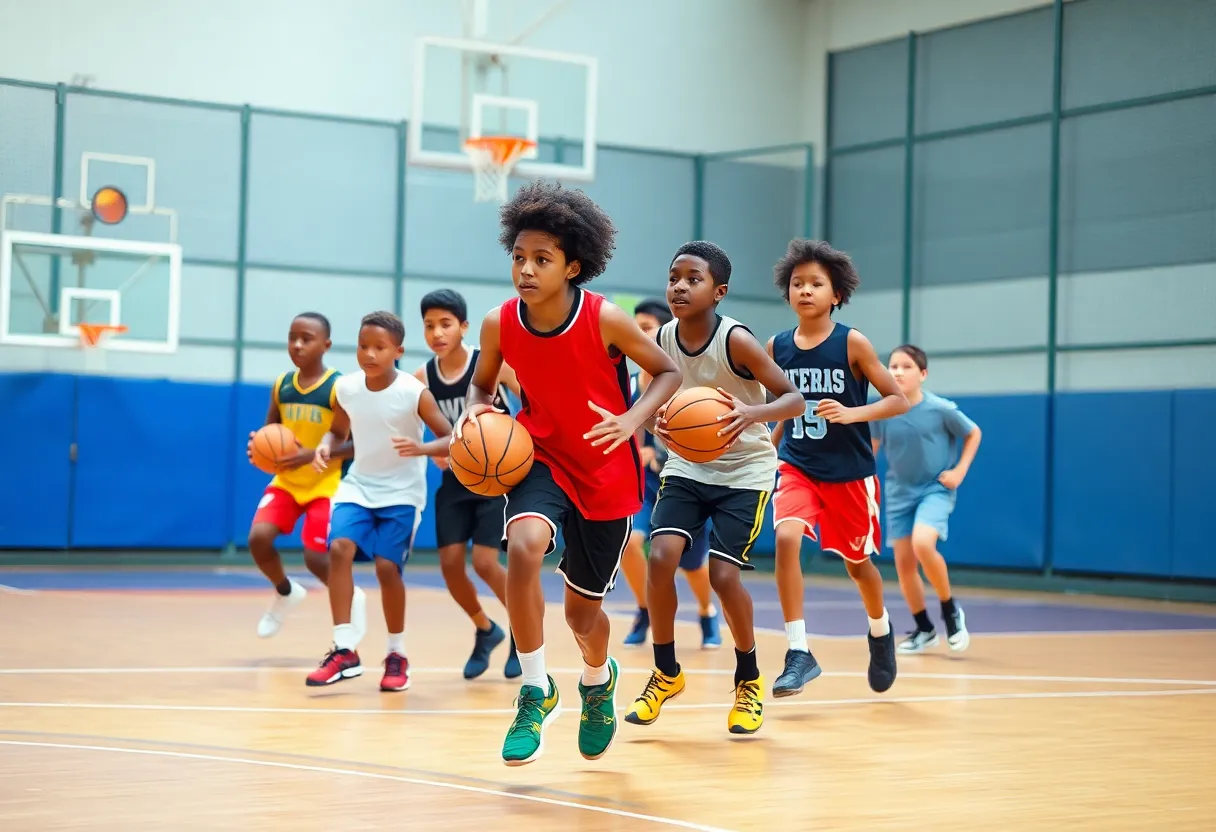 Augusta University basketball players practicing on court