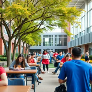 Students studying on the campus of Augusta University with athletic facilities in the background.