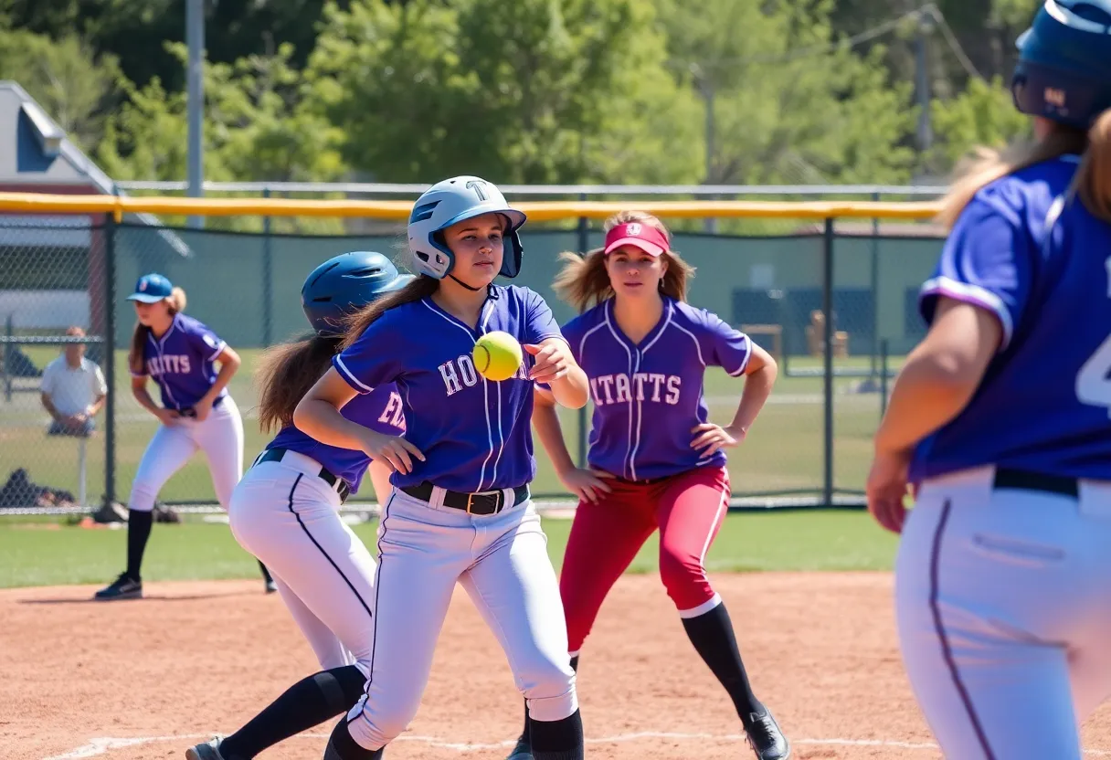 Softball team from Augusta University showcasing teamwork on the field
