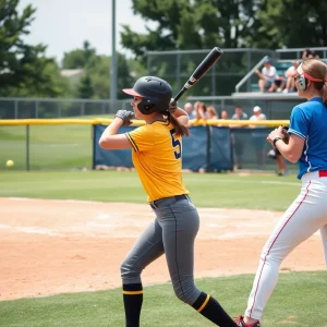 Augusta University softball players competing on the field