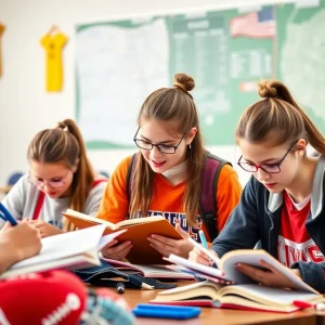 Student-athletes studying with athletic gear, representing academic achievement