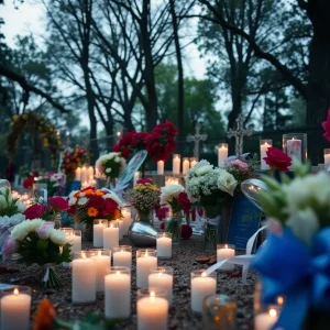 Memorial site with candles and flowers for victims in Augusta