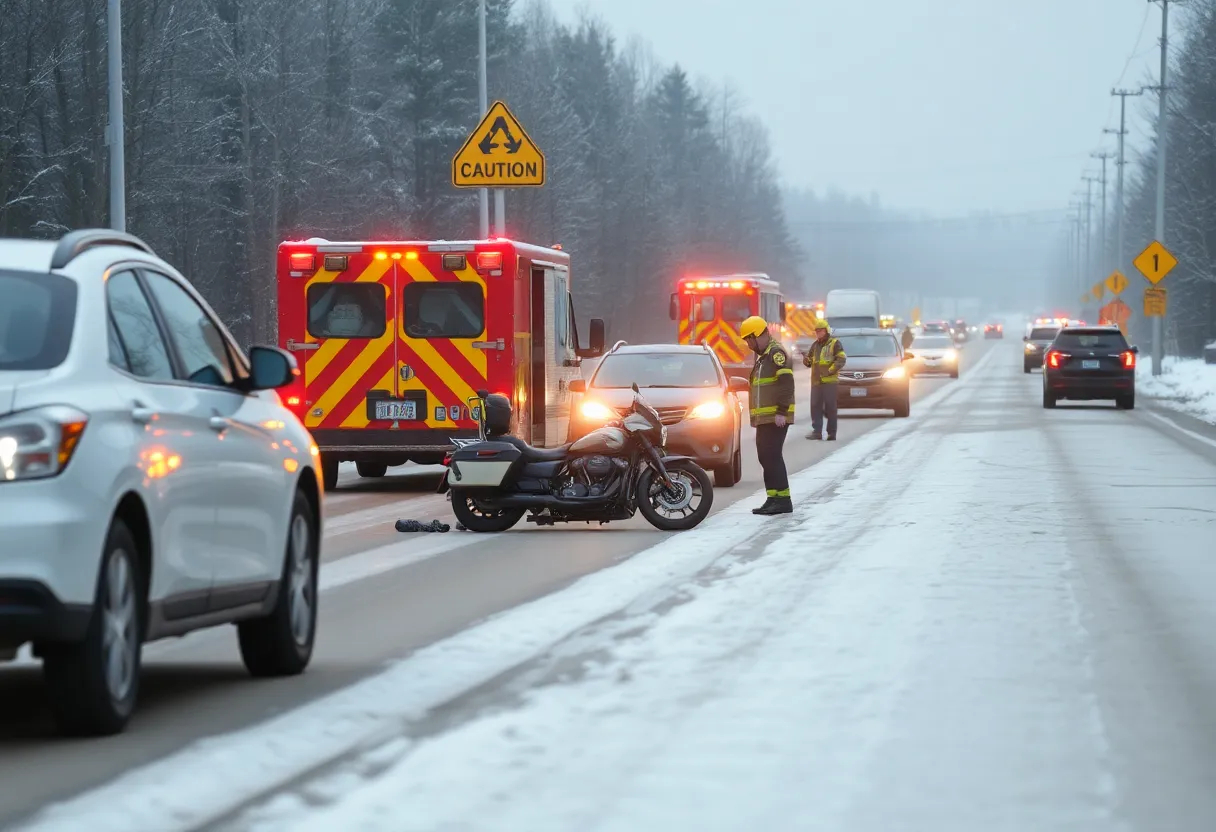 Motorcycle accident with emergency responders during bad weather