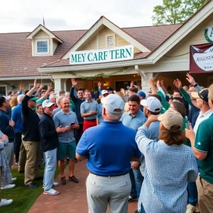 Crowd celebrating the return of Augusta University golf team.