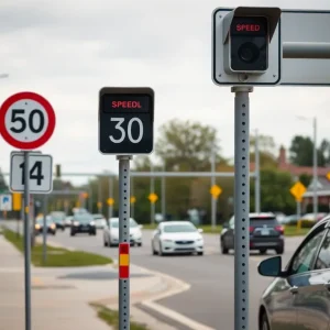 Automated speed cameras in a Georgia school zone with traffic signs.