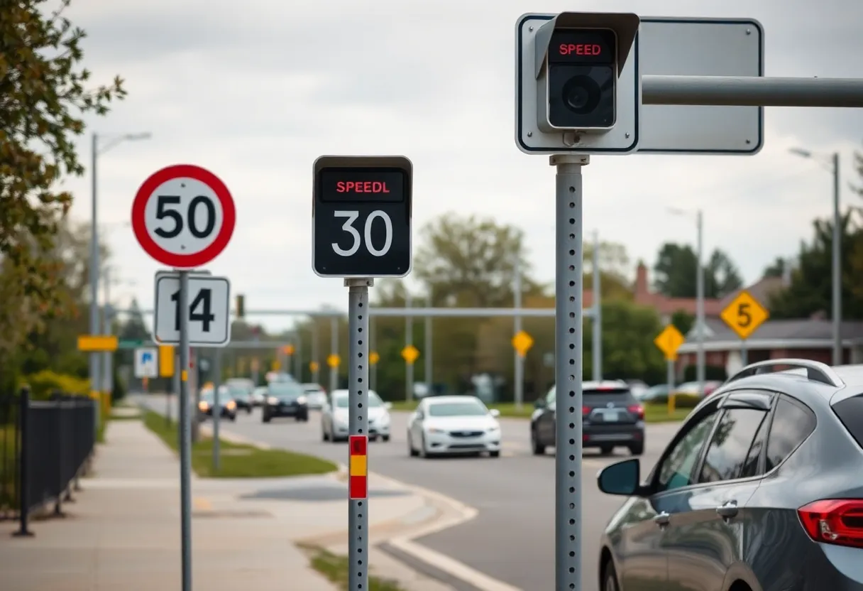 Automated speed cameras in a Georgia school zone with traffic signs.