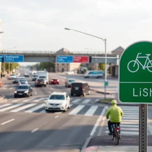Bicycle lane at an intersection with traffic signs