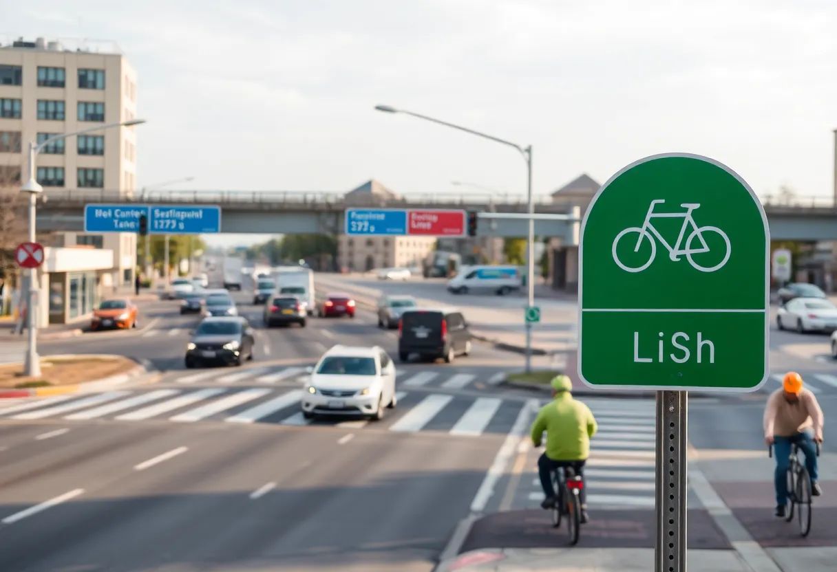 Bicycle lane at an intersection with traffic signs