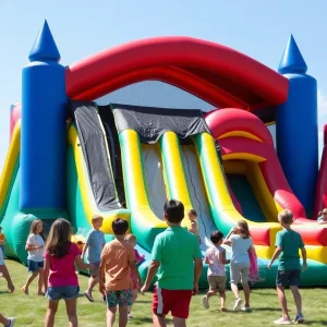 Families enjoying inflatable attractions at the Big Bounce America event in Augusta.