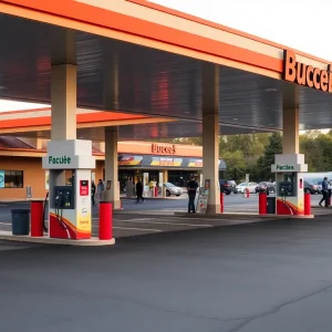 Aerial view of the new Buc-ee's travel center in Brunswick, showcasing fuel pumps and the building.