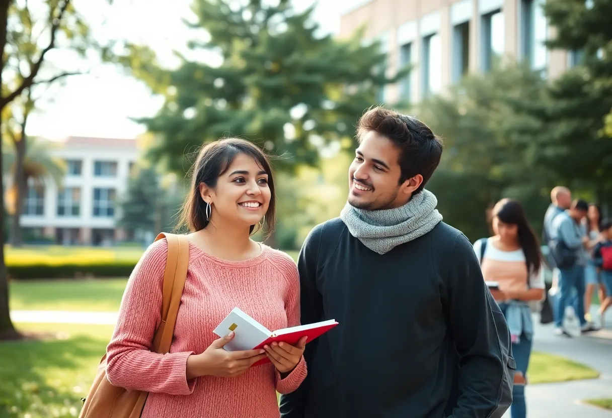 Students engaging in educational activities on a sunny campus.