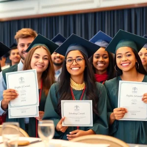 High school graduates celebrating their scholarship awards