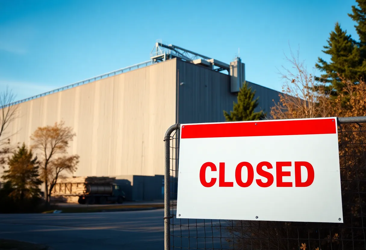 Closed Georgia-Pacific plywood plant with a sign indicating closure
