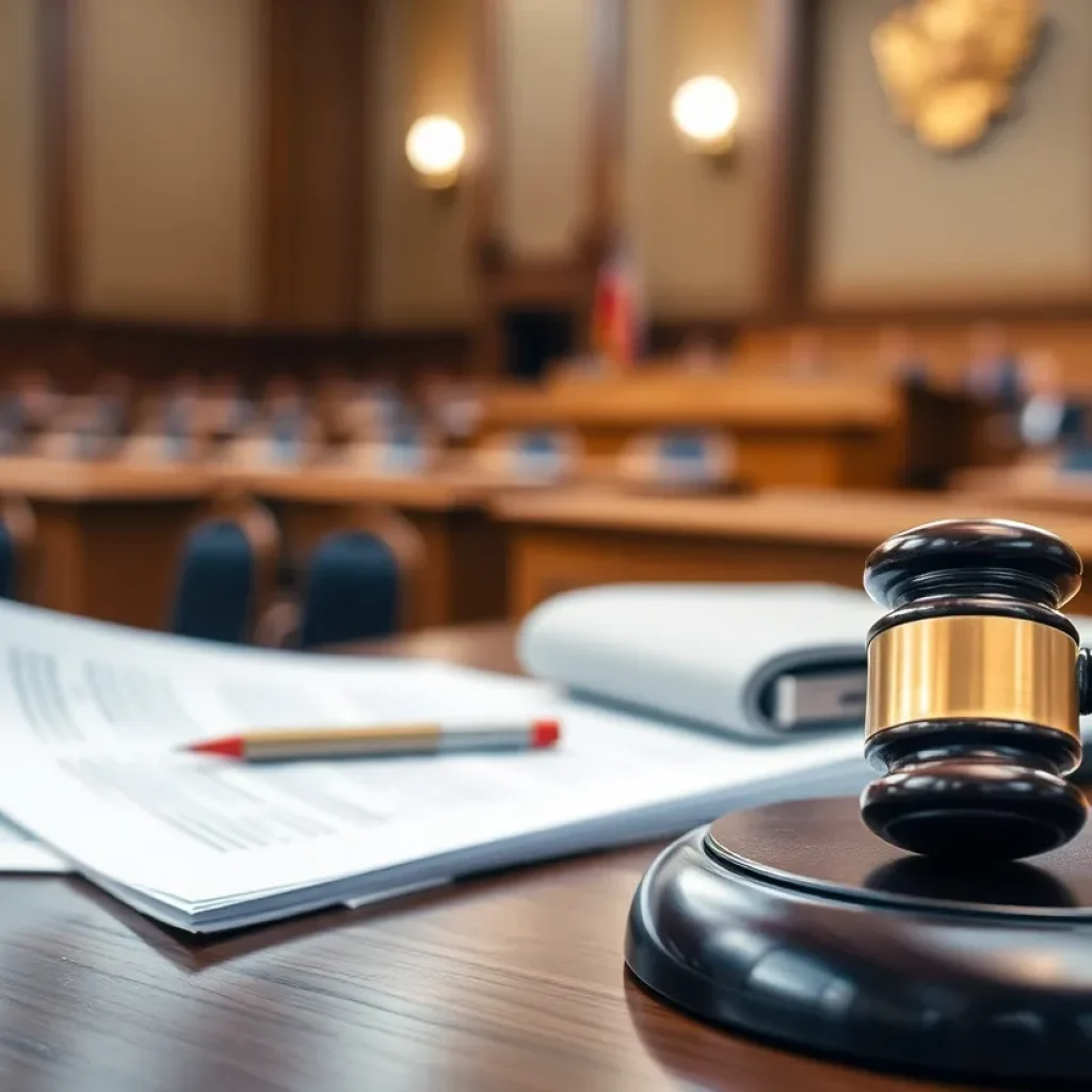 Courtroom setup with gavel and legal documents representing business disputes