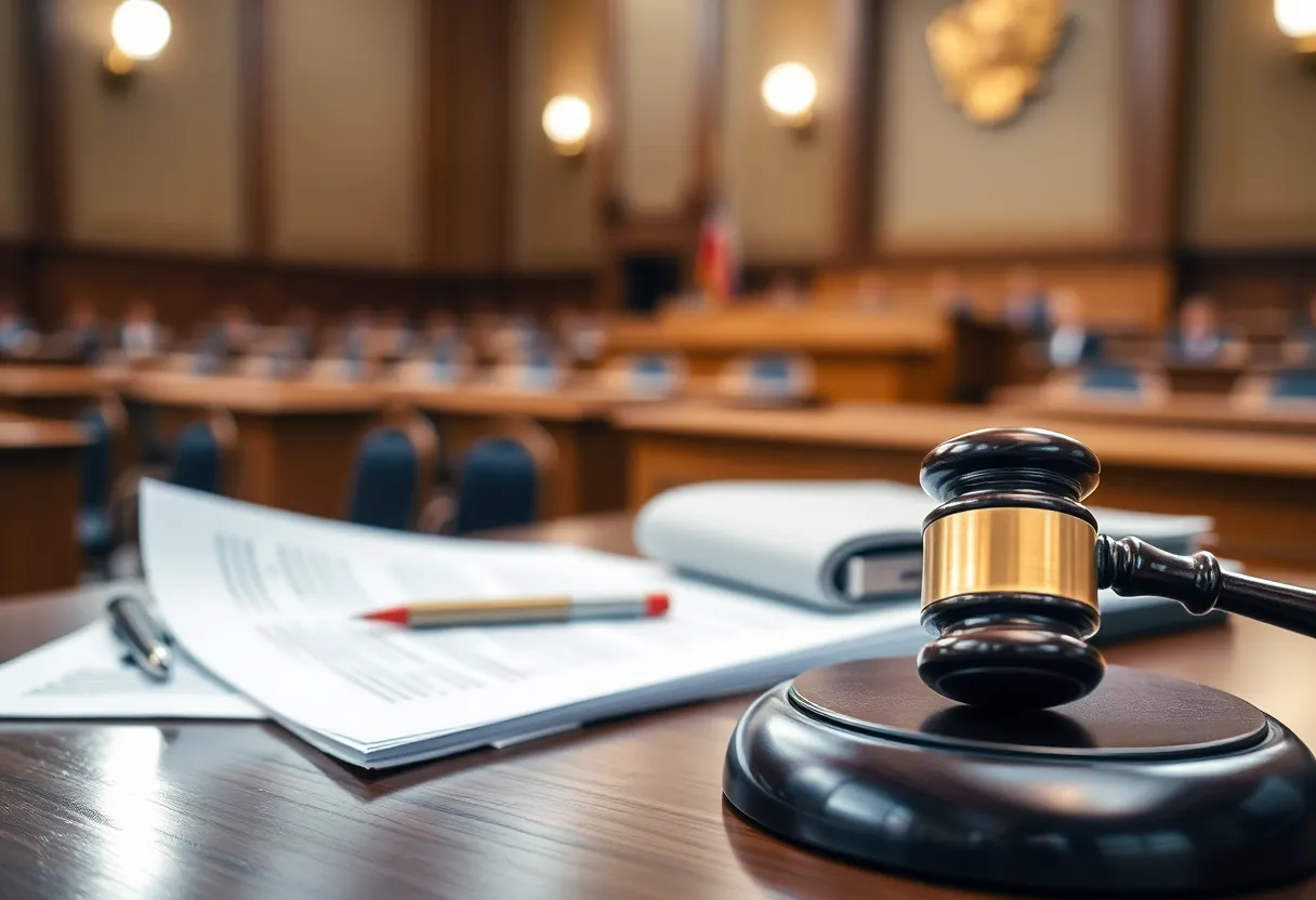 Courtroom setup with gavel and legal documents representing business disputes