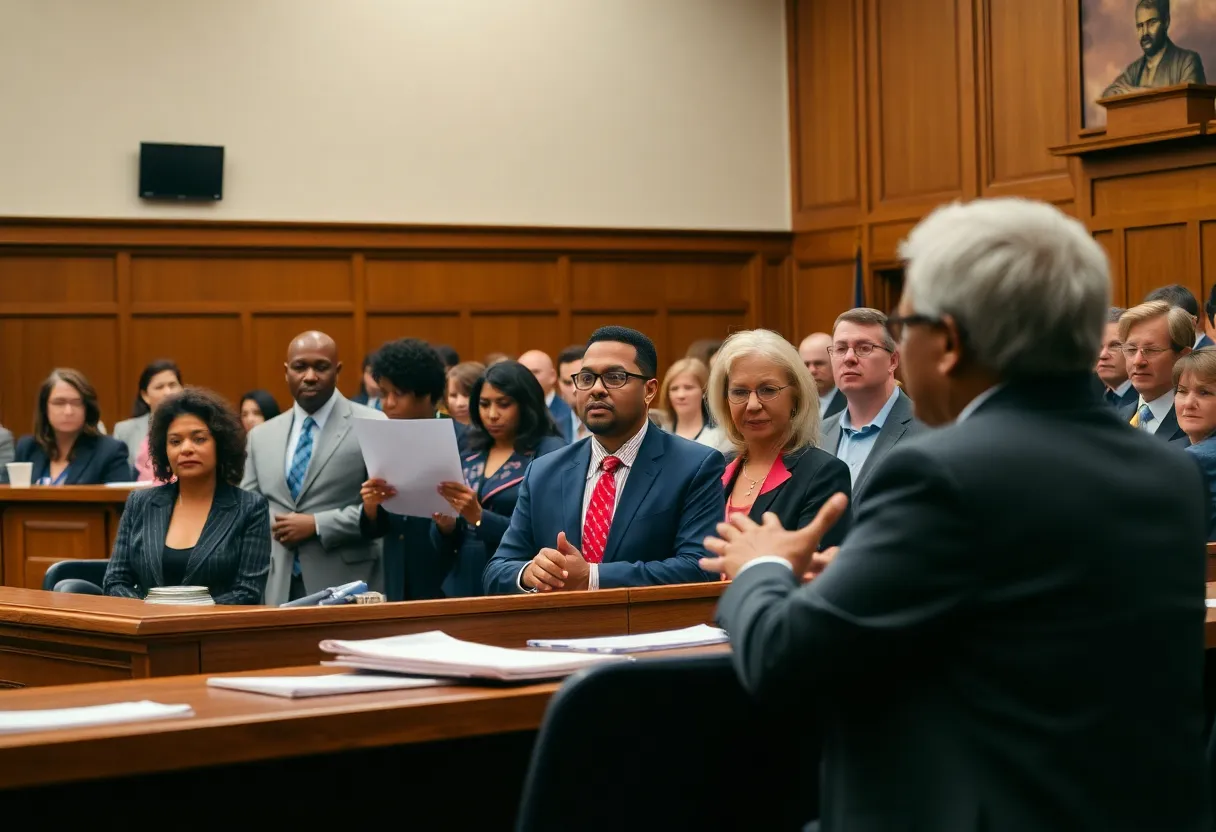 A diverse group of people in a courtroom discussing voter rights and challenges.